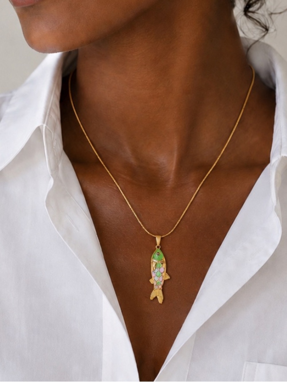 New! 18K Gold Plated Green Koi Fish Necklace NWOT 3010 - Picture 2 of 3